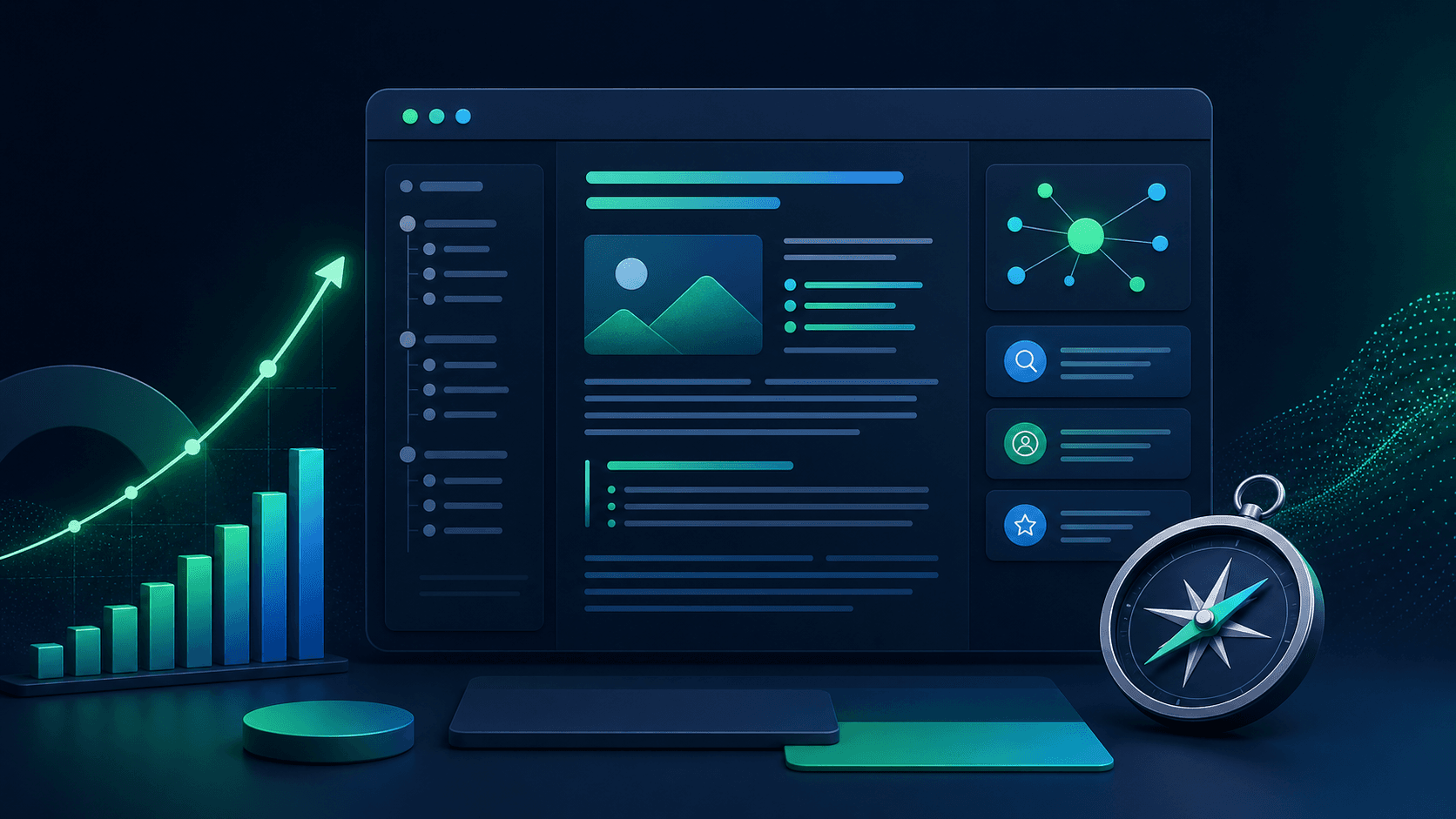 SEO uyumlu içerik planlama ekranı, semantik konu ağı ve organik trafik artış grafiği